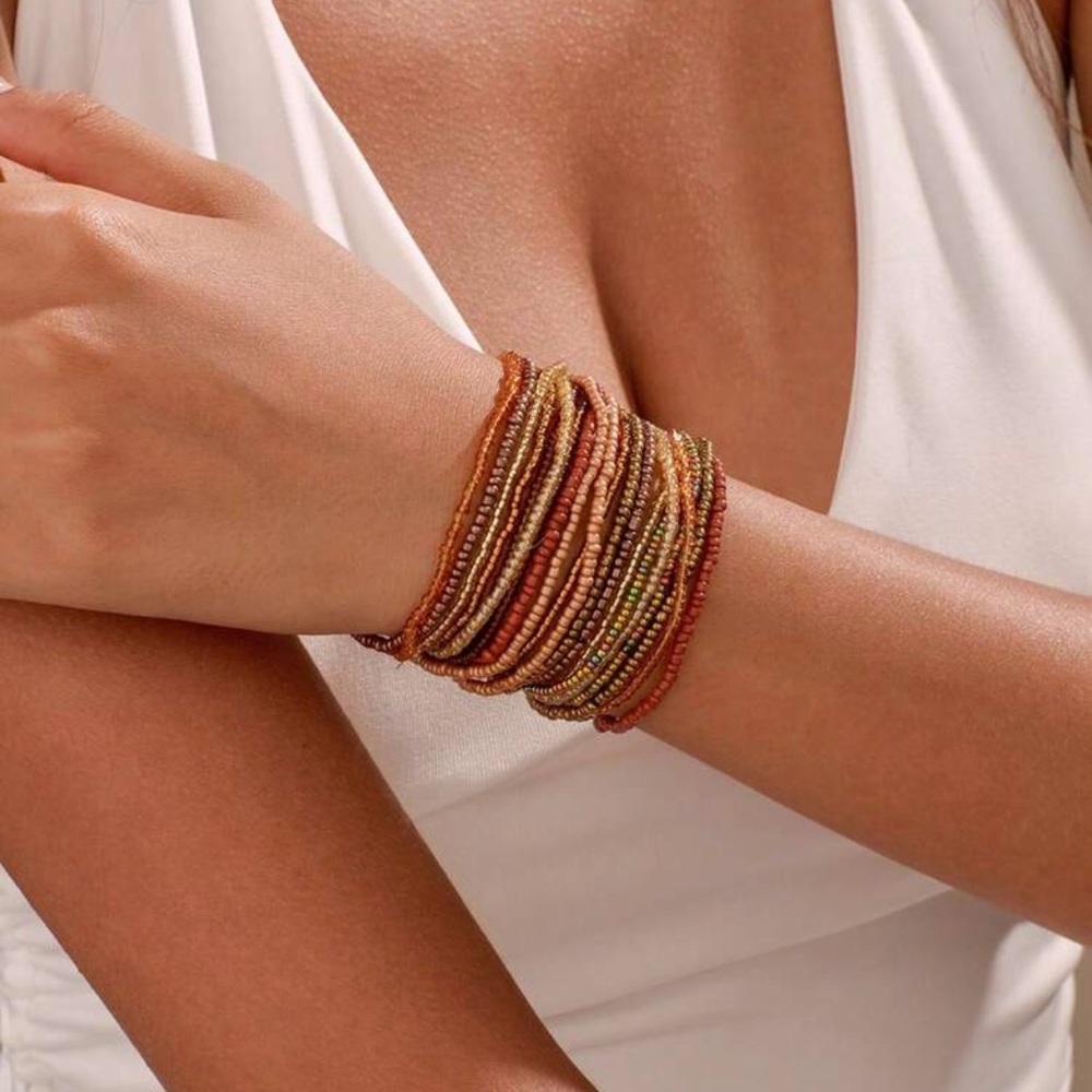 20 pc Handcrafted Multi-Strand Glass Beaded Bracelet-Brown & Gold Tones - Unisex